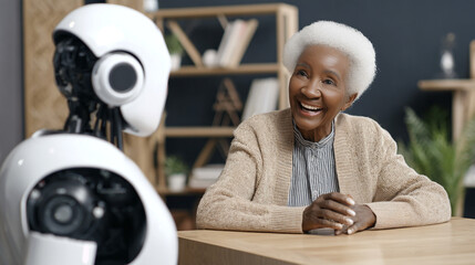 Elderly happy black woman chatting with a friendly robot in a modern home