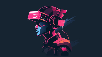 Futuristic profile of a person wearing VR headset and headphones in neon cyberpunk style, exploring virtual reality