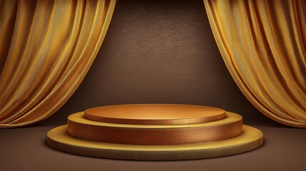 Elegant golden stage with draped curtains, perfect for presentations and events, against a warm backdrop.