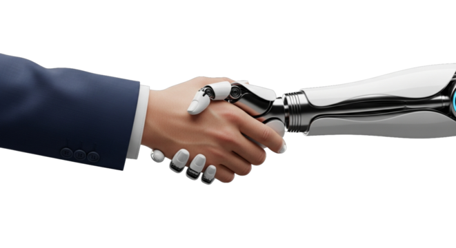 Human and Robot Handshake: AI Business Partnership and Future Technology Collaboration