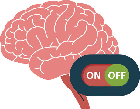 The brain icon with the "ON/OFF" switch symbolizes active thinking, the "race to re-learn," and mental flexibility. It is ideal for the concept of the "eternal student" and cognitive control.
