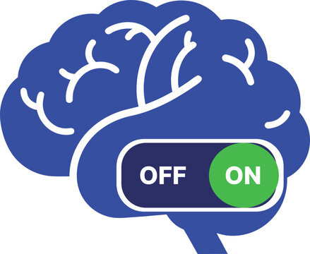 The brain icon with the "ON/OFF" switch symbolizes active thinking, the "race to re-learn," and mental flexibility. It is ideal for the concept of the "eternal student" and cognitive control.