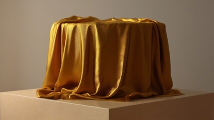Elegantly draped golden fabric concealing an object, staged on a minimalist plinth, in soft lighting.