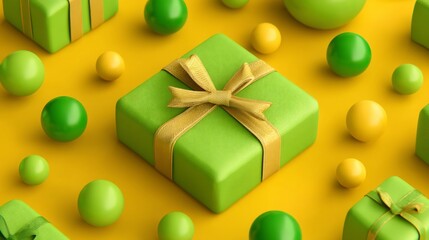 Festive arrangement of green gift boxes and spheres with gold ribbon on a bright yellow background.