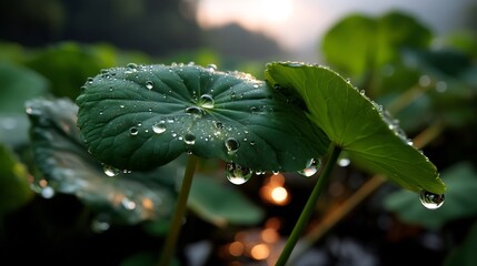 Fresh Morning: A Close-Up of Lush Green Plant Leaves Sparkling with Dew Drops in Soft Natural Light