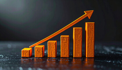 Orange bar chart with rising arrow. Financial growth and business success, modern infographic style
