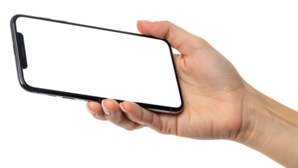 Hand holding a smartphone in landscape mode with a blank screen cut out on PNG. AI GENERATED.

