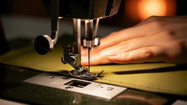 Closeup of a sewing machine needle stitching fabric