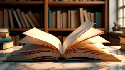 Fototapeta premium Open book on table with bookshelf background