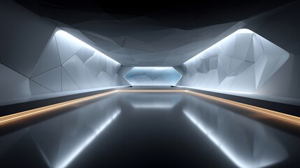 Futuristic Interior Perspective with Geometric Wall Design and Bright, Modern Lighting.