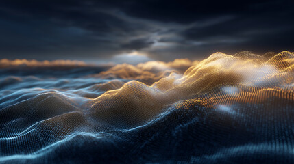 Abstract 3D visualization of cloud computing and digital data flow concept. Abstract visualization of cloud computing as glowing 3D data streams over digital landscape.