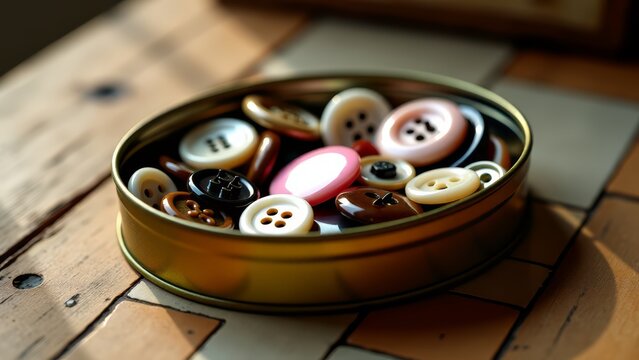 Buttons in vintage tin can on wooden table