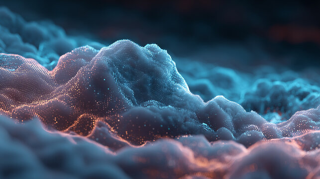 Abstract 3D visualization of cloud computing and digital data flow concept. Abstract visualization of cloud computing as glowing 3D data streams over digital landscape.