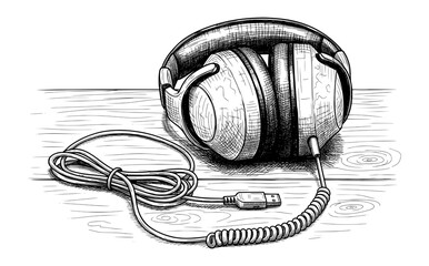 Hand-Drawn Illustration of Over-Ear Headphones in Vintage Sketch Style. Vector Art for Music Nostalgia Concepts.
