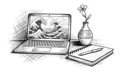 Hand-Drawn Laptop with Ocean Waves, Notebook and Flower Vase. Creative Workspace Vector Illustration for Mindfulness.