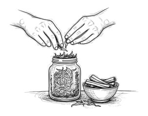 Hands Placing Dried Herbs in Jar in Hand-Drawn Line Art Style. Vector Illustration for Herbalism and Slow Living.