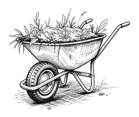 Hand-Drawn Wheelbarrow Filled with Plants in Classic Line Art. Vector Illustration for Rustic Gardening Concept.