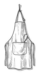 Sketch of Kitchen Apron Hanging with Spoon in Pocket. Hand-Drawn Culinary Vector Illustration for Cozy Cooking Concept.