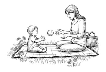 Mother and Baby Playing Outdoors in Hand-Drawn Sketch. Family Bonding Vector Illustration.