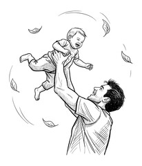 Father Lifting Baby in Hand-Drawn Line Art. Joyful Family Moment Vector Illustration.