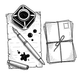 Vintage Letter and Fountain Pen in Hand-Drawn Sketch Style. Vector Illustration for Nostalgic Writing Concepts.