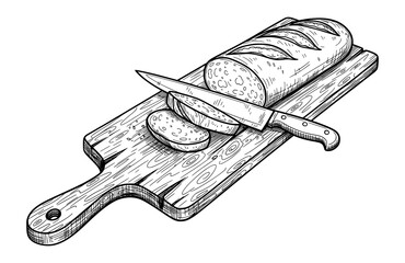 Hand-Drawn Sliced Loaf of Bread on Cutting Board in Vintage Sketch Style. Vector Illustration for Rustic Comfort Concept.