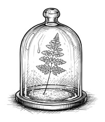 Fern Leaf Under Glass Cloche in Hand-Drawn Line Art. Vector Illustration for Botanical Preservation.