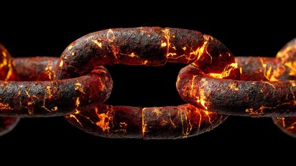 Glowing Macro Close-Up of Rusty, Ornate Chain Links on a Black Background Illustrating Strength and Power.