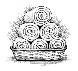 Rolled Towels in Woven Basket Sketch. Spa Wellness Vector Illustration for Tranquil Hygge Concept.