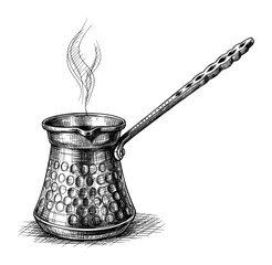 Vintage Sketch of a Turkish Coffee Pot in Hand-Drawn Style. Vector Illustration for Coffee Culture and Tradition.