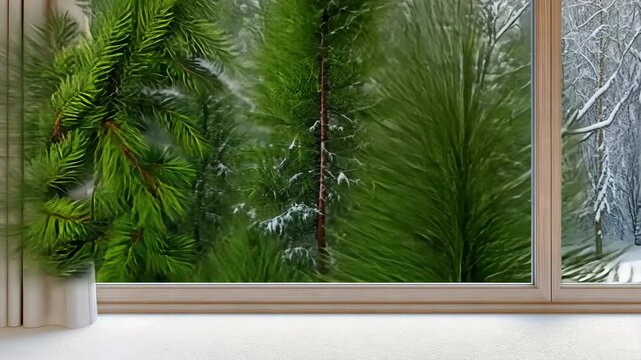 Cozy setting with a snowy view through a window, showcasing green trees and a simple shopping bag decorated with nature