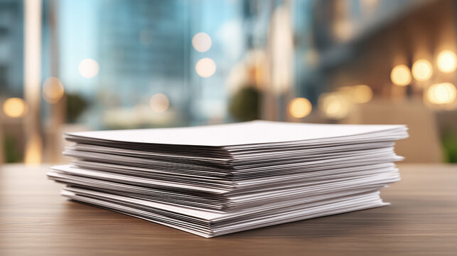 A stack of white papers resting on a wooden table, with a blurred office building in the background. The papers appear neat and organized, with soft lighting enhancing the scene