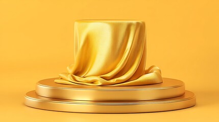 Gold Presentation Podium with Luxurious Drape for Product Display or Celebration on Yellow Background.