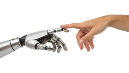 Robot and human hands about to touch in a modern concept cut out on PNG. AI GENERATED.