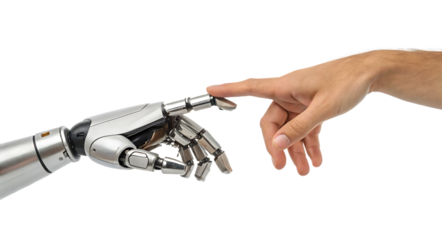 Robot and human hands about to touch in a modern concept cut out on PNG. AI GENERATED.