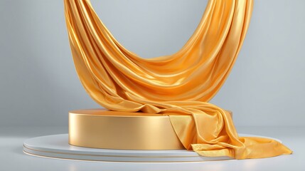 Golden Fabric Drape and Circular Podium in a Minimalist and Artistic Composition