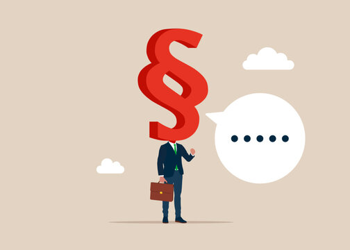 Businessman with a paragraph sign instead of a head on shoulders. Colleague interaction and communication in legislation. Lawyer and advocate services. Flat vector illustration - Powered by Adobe