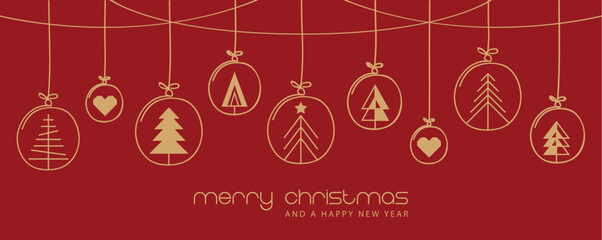christmas card with fir tree golden balls hanging decoration vector illustration