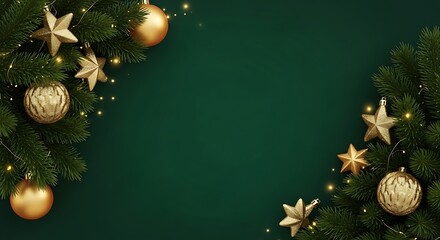Festive christmas tree branches with golden ornaments and stars on a dark green background