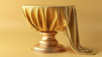 Gold-toned pedestal with draped fabric, a modern abstract display or stage element.
