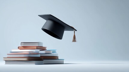 Graduation Concept: A Stack of Books with a Floating Mortarboard