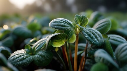 Green foliage glistens with dewdrops in soft morning light, a natural and refreshing close-up image.