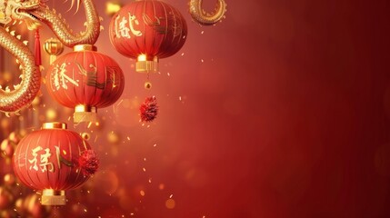 Golden dragon and vibrant red lanterns illuminate a festive celebration, perfect for Lunar New Year and cultural events