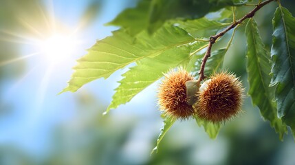 Delightful Animated Chestnut Fruit with Sparkling Personality Hanging from a Fresh Green Vine under a Radiant Sunbeam on a Clean White Background that Exudes Joy and Vivid Beauty