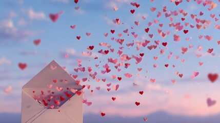 Intricate portrayal of an open envelope releasing a vibrant cascade of red and pink hearts into a serene sky filled with delicate artistic charm
