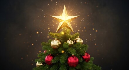 Bright star topper illuminates decorated christmas tree with falling snowflakes