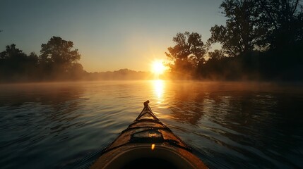 Exhilarating Morning Kayaking Expedition with Mist-Shrouded Waters and a Breathtaking Sunrise Illuminating a Tranquil River Journey
