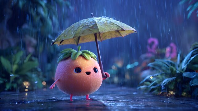 Enchanting animated representation of a passion fruit hero sheltered by an artfully detailed umbrella during a refreshing, drizzling rain in a magical atmosphere