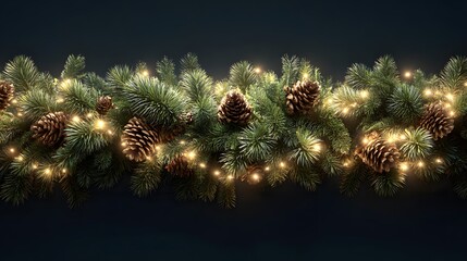 Exquisitely Detailed Realistic Christmas Garland Border with Soft Glow Lighting and Lush Pine Foliage for a Warm Holiday Ambiance