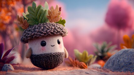Detailed illustration of a charming acorn cartoon character wearing a decorative hat with oak leaves in a vibrant autumn setting